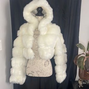 Small off-white faux fur hooded coat